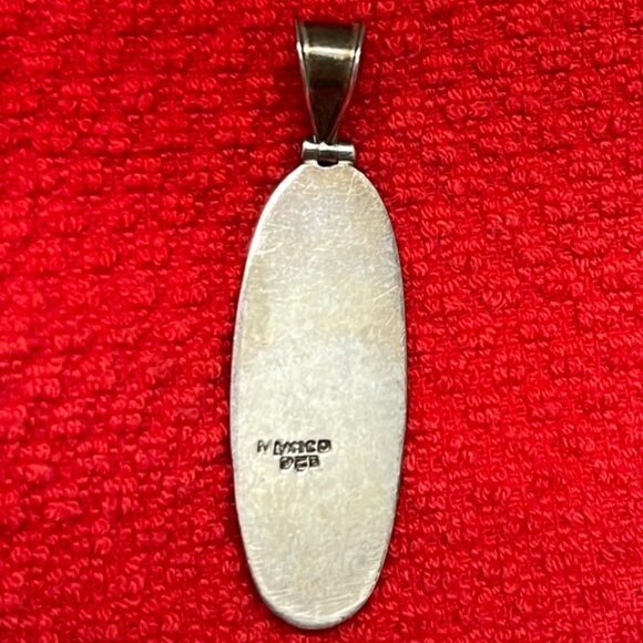 ATI MEXICO?? Abalone Shell Inlay Long Oval Pendant 925 Sterling Silver - Picture 2 of 5